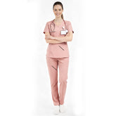 Vicogard Pink essential scrub set front view, cute V-neck medical uniform for pediatric nurses