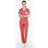 Vicogard Orange Red essential scrub set front view, vibrant high visibility medical uniform