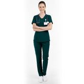 Vicogard Hunter Green essential scrub set front view, traditional V-neck medical uniform for nurses