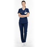 Vicogard Navy Blue essential scrub set front view, classic standard medical uniform