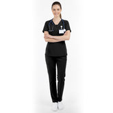 Vicogard Black essential scrub set front view, sleek V-neck medical uniform for estheticians