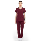 Full body front view of Burgundy Vicogard scrubs, professional attire for admins