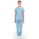 Full body front view of Ceil Blue Vicogard scrubs, compliant attire for hospitals