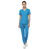 Vicogard Royal Blue premium rayon scrub set front view, soft V-neck uniform for Registered Nurses