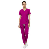 Vicogard Rose Pink premium rayon scrub set front view, vibrant V-neck uniform for pediatric nurses