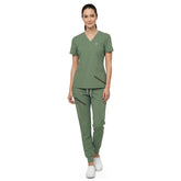 Vicogard Fruit Green premium rayon scrub set front view, vibrant V-neck uniform for vets and pediatrics