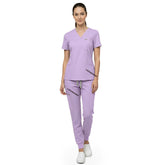 Vicogard Lavender premium rayon scrub set front view, soft V-neck uniform for nursing homes