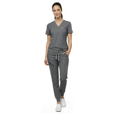 Close up of Gray scrub pants waist showing elastic drawstring for comfortable custom fit