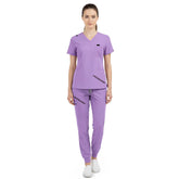 Vicogard Lavender jogger scrub set front view, V-neck top with shoulder badge loop for nursing homes