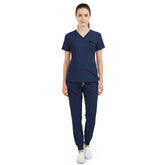 Vicogard Galaxy Blue jogger scrub set front view, V-neck top with shoulder badge loop for hospital staff