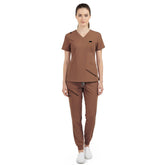 Vicogard Coffee jogger scrub set front view, V-neck top with shoulder badge loop for vets