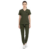 Vicogard Army Green jogger scrub set front view, utilitarian V-neck top with shoulder badge loop