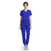 Vicogard Royal Blue performance scrub set front view, active jogger uniform with badge loop
