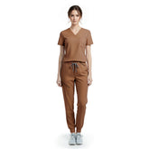 Vicogard Coffee performance jogger scrub set front view, warm V-neck top with badge loop
