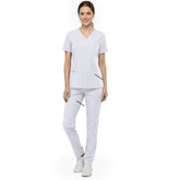 Vicogard White clinical scrub set front view, straight leg uniform with ID badge bungee loop for nursing students