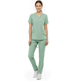 Vicogard Avocado Green clinical scrub set front view, trendy straight leg uniform with ID badge bungee loop
