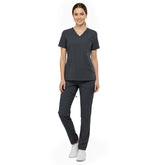 Vicogard Gray clinical scrub set front view, straight leg uniform with ID badge bungee loop for dental staff
