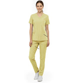 Vicogard Cream Yellow clinical scrub set front view, soft pastel uniform with ID bungee loop