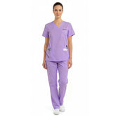 Front model view of the vicogard Pro Custom Unisex Scrub Set in rich Purple;