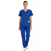 Professional model wearing the vicogard Pro Custom Unisex Scrub Set in Royal Blue