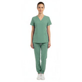 Vicogard Mint Green unisex scrub set front view, modern V-neck fit for medical professionals