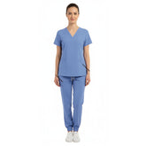Vicogard Ceil Blue women's scrub set front view, standard hospital medical uniform for nurses