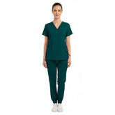 Vicogard Hunter Green women's scrub set front view, professional surgical medical uniform