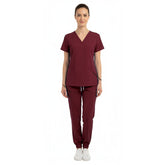 Vicogard Burgundy women's scrub set front view, professional wine colored medical uniform