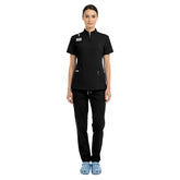 Vicogard Black 71221 unisex scrub set front view, sleek half-zip mandarin collar uniform for women