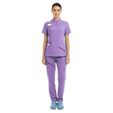 Vicogard Lavender 71221 scrub set front view, soft lilac half-zip medical uniform for women