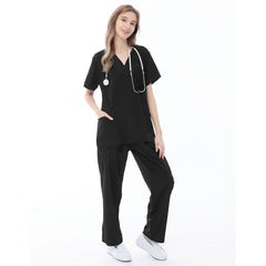 VICOGARD Women's V-Neck 9-Pocket Scrub Set | Straight Leg - Black