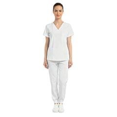 Vicogard White scrub set front view, crisp clinical uniform for nursing students and pinning