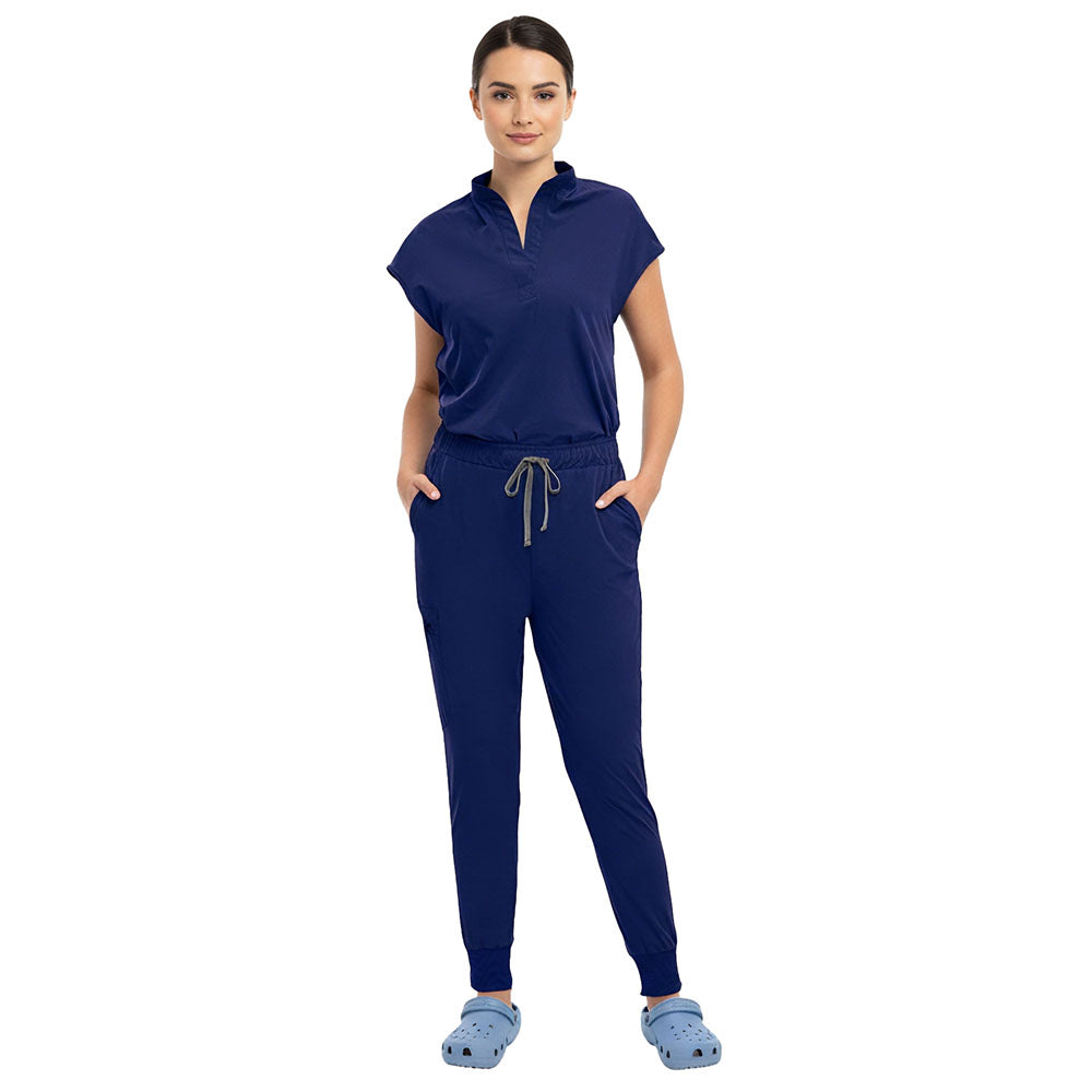 Close up of Navy Blue surgical scrub pants showing elastic waistband and drawstring detail