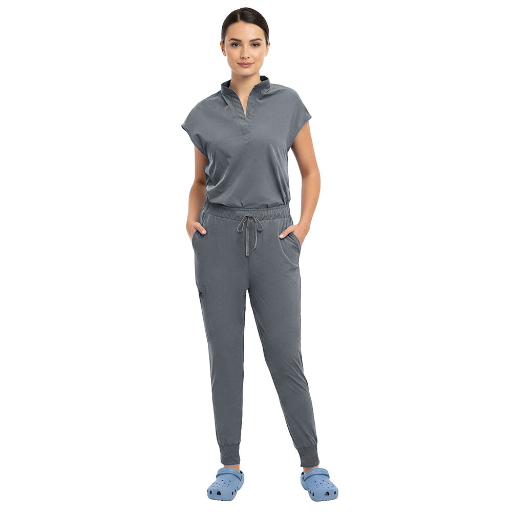 Close up of Gray surgical scrub pants showing elastic waistband and drawstring detail
