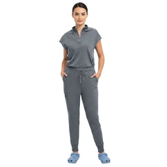 Close up of Gray surgical scrub pants showing elastic waistband and drawstring detail