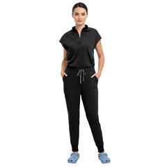 Close up of Black surgical scrub pants showing elastic waistband and drawstring detail