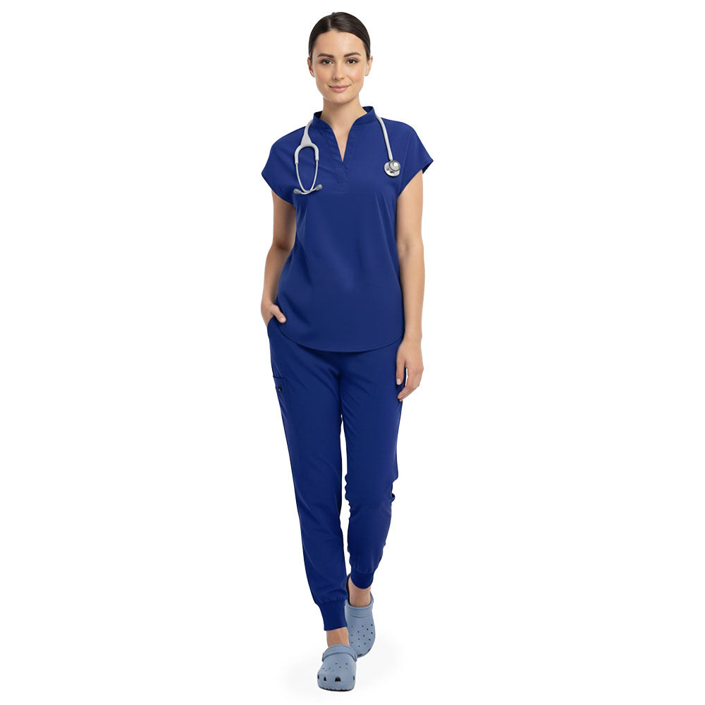 Vicogard Royal Blue surgical scrub set front view, mandarin collar no-pocket top
