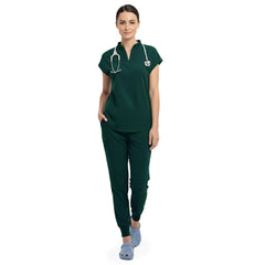 Vicogard Hunter Green surgical scrub set front view, mandarin collar no-pocket top