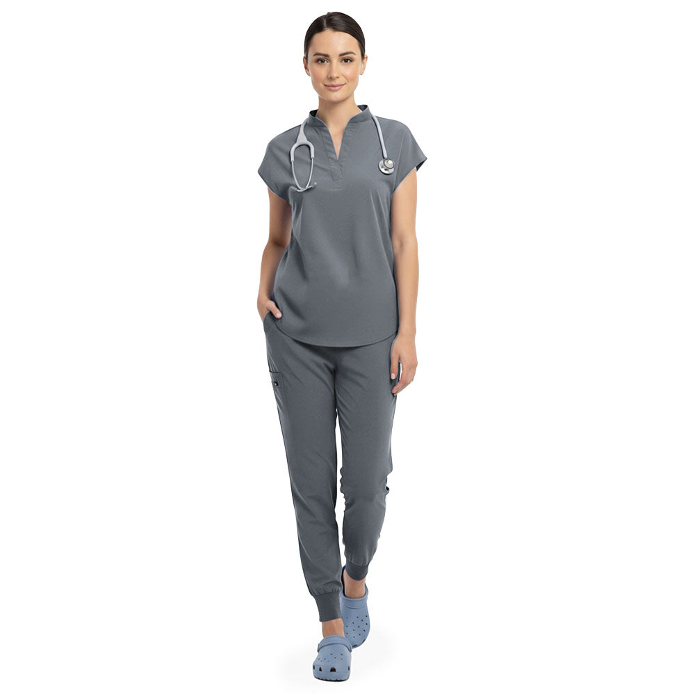 Vicogard Gray surgical scrub set front view, mandarin collar no-pocket top
