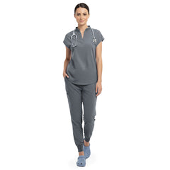 Vicogard Gray surgical scrub set front view, mandarin collar no-pocket top