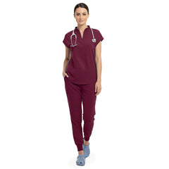 Vicogard Burgundy surgical scrub set front view, mandarin collar no-pocket top
