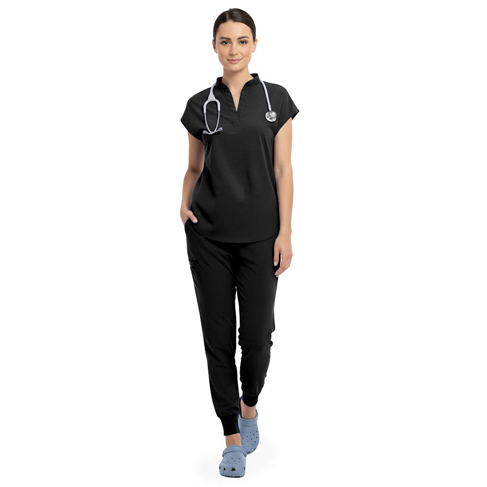 Vicogard Black surgical scrub set front view, sleek mandarin collar no-pocket top