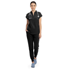 Vicogard Black surgical scrub set front view, sleek mandarin collar no-pocket top