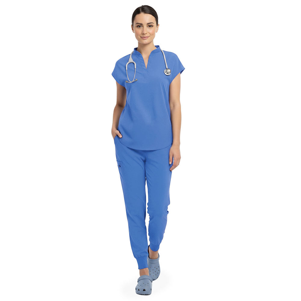 Vicogard Ceil Blue surgical scrub set front view, mandarin collar no-pocket top