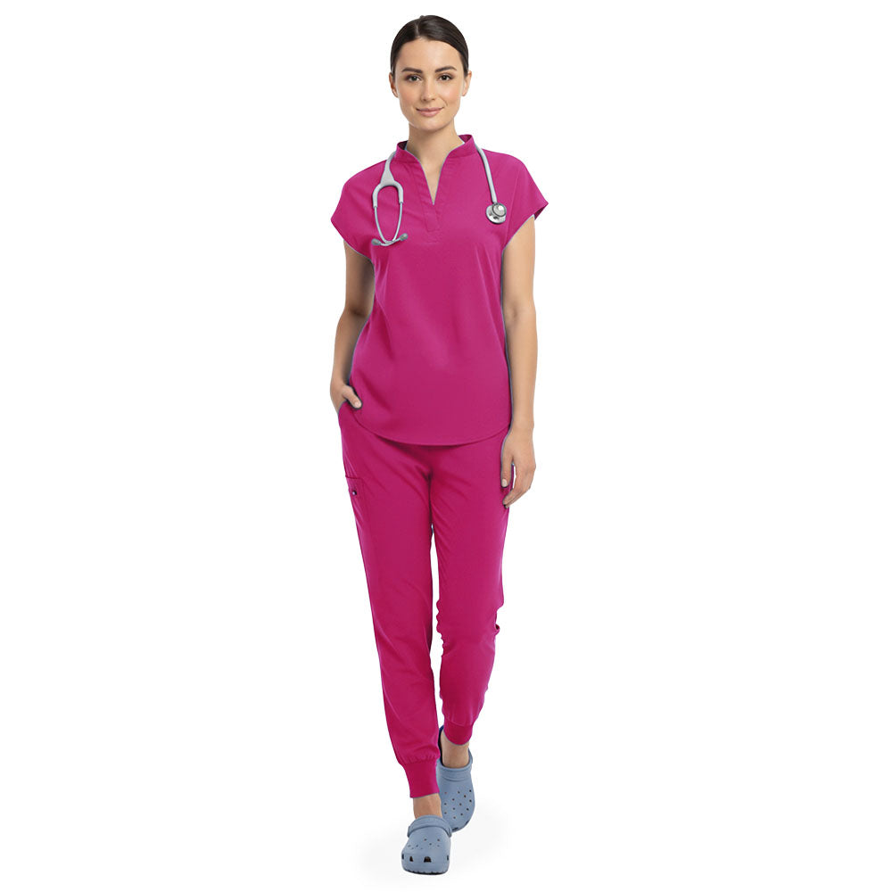 Vicogard Rose Pink surgical scrub set front view, mandarin collar no-pocket top