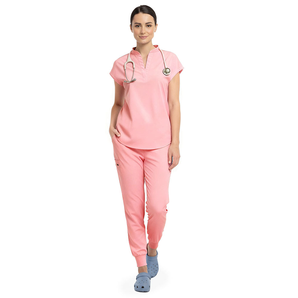 Vicogard Pink surgical scrub set front view, mandarin collar no-pocket top