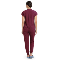 Back view of Burgundy minimal surgical scrubs, clean design with no pockets