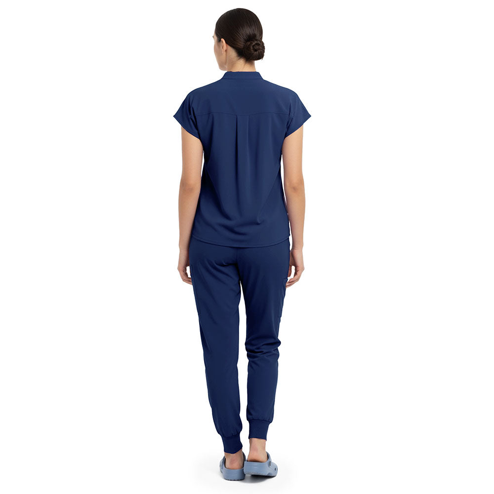 Back view of Navy Blue minimal surgical scrubs, clean design with no pockets