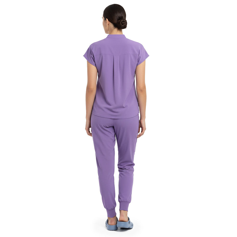 Back view of Lavender minimal surgical scrubs, clean design with no pockets