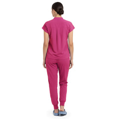 Back view of Rose Pink minimal surgical scrubs, clean design with no pockets